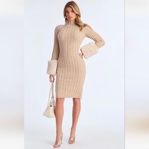 Sweater Dress W/Faux Fur Cuffs, Tonal Sequins, Tan, Sz XL BODYCON Midi, NEW!